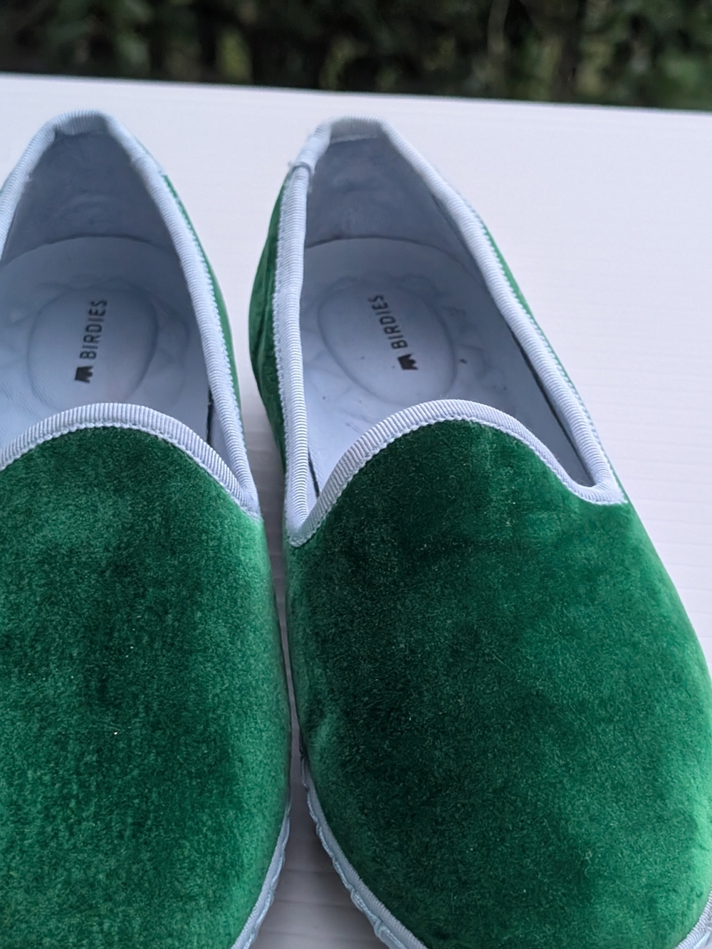 Birdies Green Velvet Slip-On Loafers with Contrast Trim